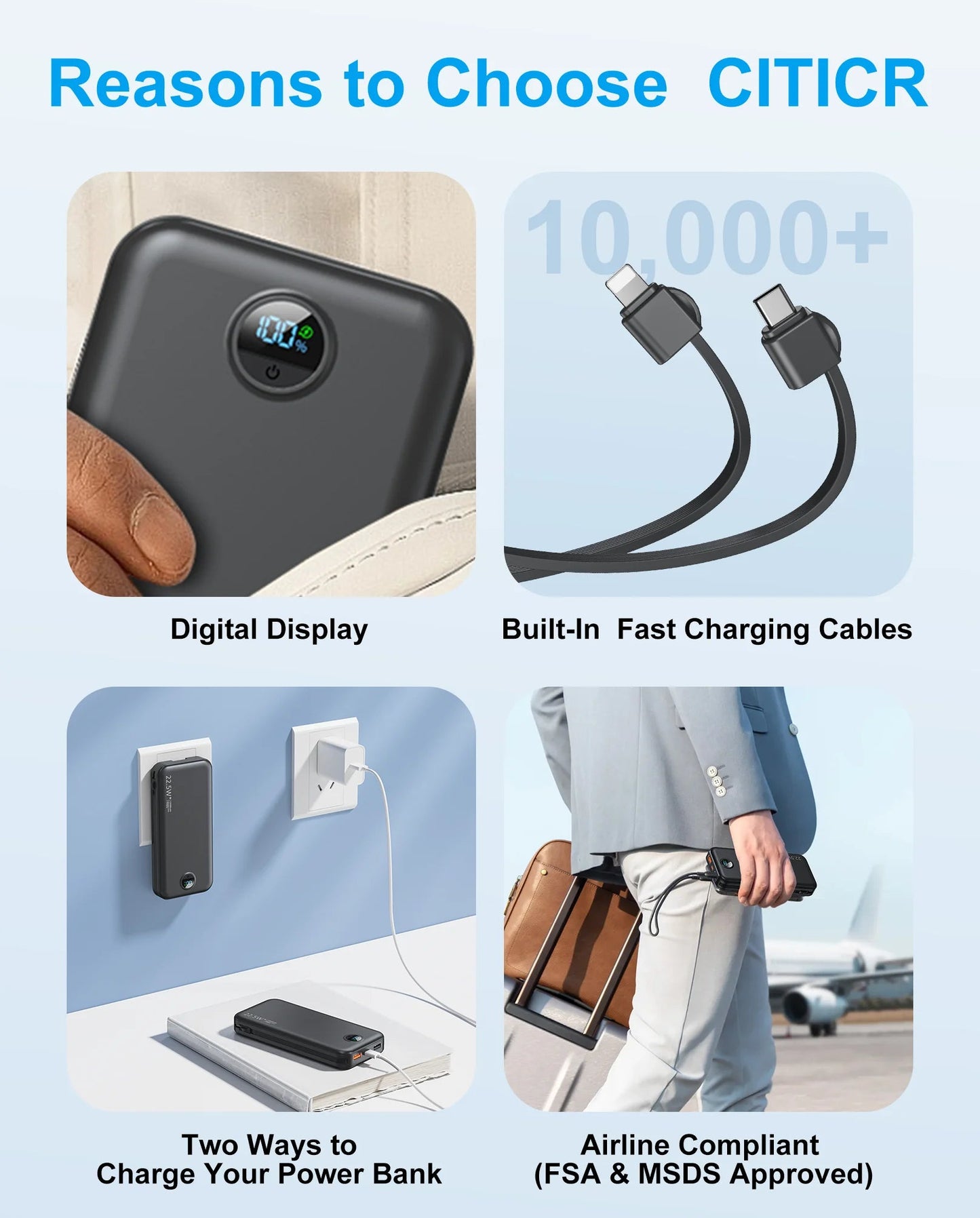 12000mAh Ultra Portable Charger Power Bank with Built - in AC Wall Plug& 2 Cables,LED Display,3 Ports,PD20W USB - C Fast Charging - DivineLink1 | Electronics, Fitness, Household Essentials | Shop