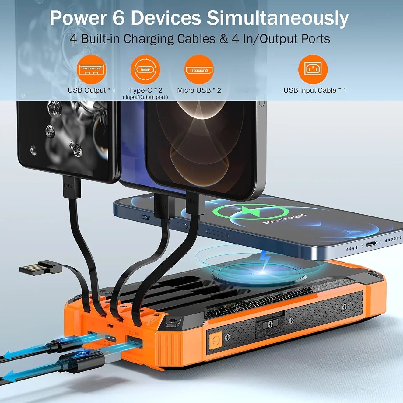 30000mAh Solar Mobile Power Bank Wireless Charger Built - in 4 Cables Six Outputs 15W Fast Charging Mobile Power Bank Suitable For - DivineLink1 | Electronics, Fitness, Household Essentials | Shop