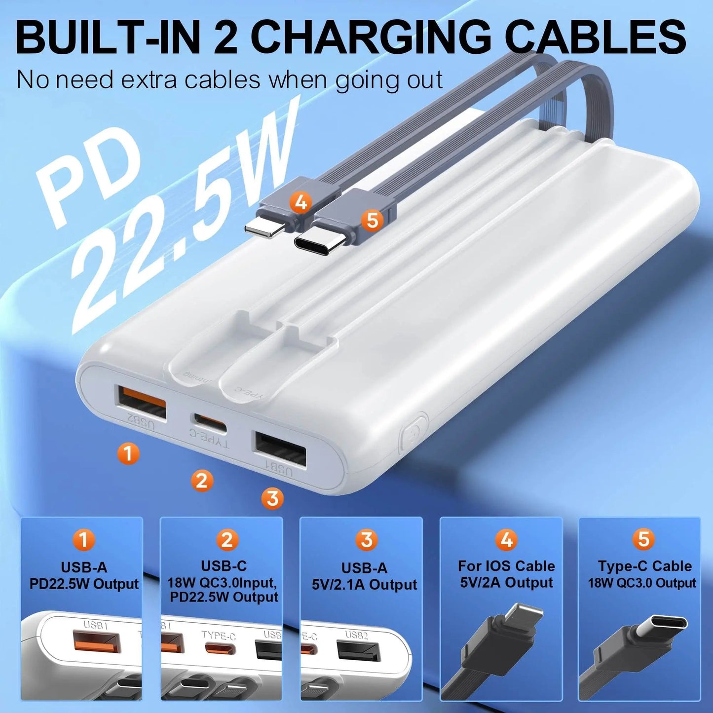 Power Bank Battery Pack Portable Charger 10000mAh with Built - in Cables, PD 22.5W, Slim Design, with LCD Display - DivineLink1 | Electronics, Fitness, Household Essentials | Shop