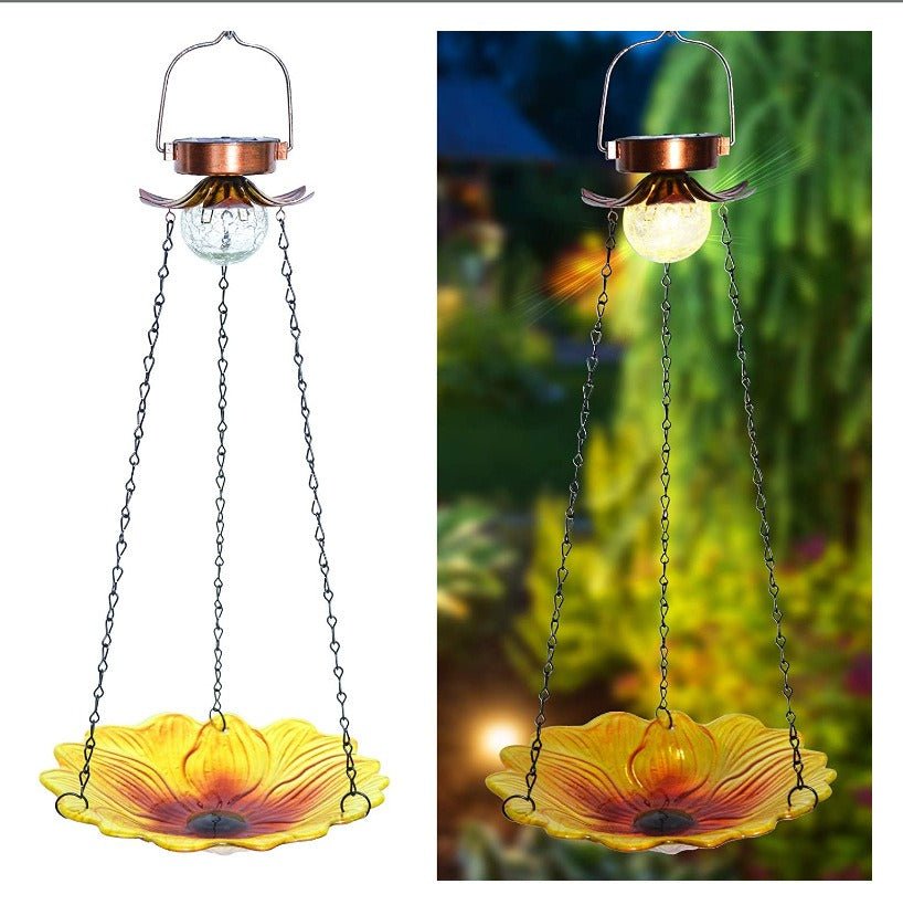 Solar Hanging Bird Bath for Outdoors 24 inch Glass Bird Feeder Sunflower Tray Crackle Ball Light Waterproof Yard Garden Decorati - DivineLink1 | Electronics, Fitness, Household Essentials | Shop