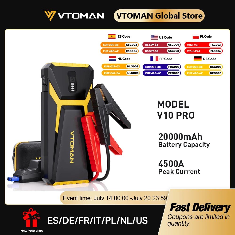 VTOMAN Power Bank 20000mAh Jump Starter Portable Charger Car Booster 4500A Auto Starting Device Emergency Car Battery Starter - DivineLink1 | Electronics, Fitness, Household Essentials | Shop