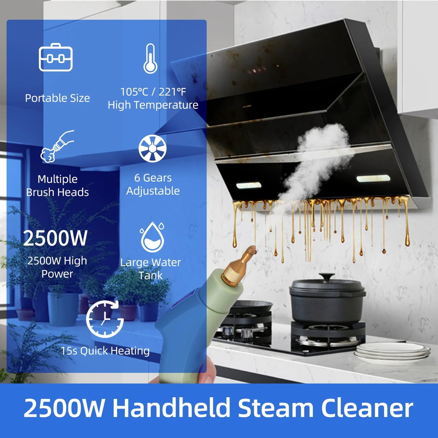 2500W High Pressure Steam Cleaning Machine High Temperature Pressurized 1100ml 3 Bar Portable Handheld Steam Cleaners for Car - DivineLink1 | Electronics, Fitness, Household Essentials | Shop