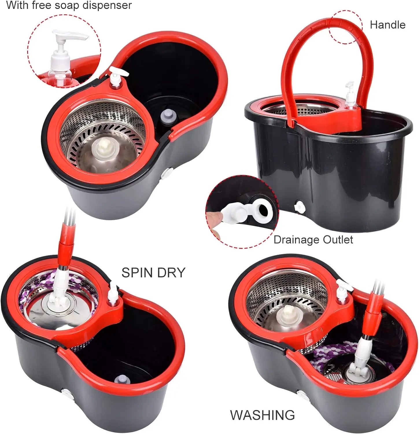 360° Spin Mop Bucket Sets with Wring System in 3 Microfiber Heads, Stainless Steel Basket 61" Extended Handle Floor Cleaning - DivineLink1 | Electronics, Fitness, Household Essentials | Shop