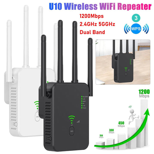 U10 Wireless WiFi Repeater Dual Band 5GHz/2.4GHz Wi Fi Range Extender 1200Mbps Signal Booster With 4 Antennas 3 Modes UK/US/EU - DivineLink1 | Electronics, Fitness, Household Essentials | Shop