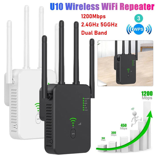 U10 Wireless WiFi Repeater Dual Band 5GHz/2.4GHz Wi Fi Range Extender 1200Mbps Signal Booster With 4 Antennas 3 Modes UK/US/EU - DivineLink1 | Electronics, Fitness, Household Essentials | Shop