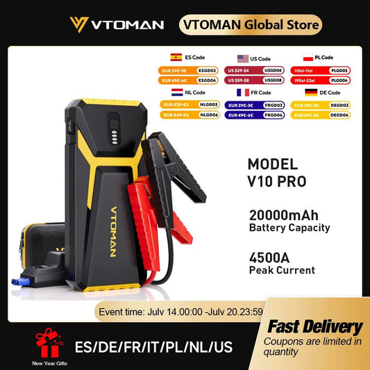 VTOMAN Power Bank 20000mAh Jump Starter Portable Charger Car Booster 4500A Auto Starting Device Emergency Car Battery Starter - DivineLink1 | Electronics, Fitness, Household Essentials | Shop